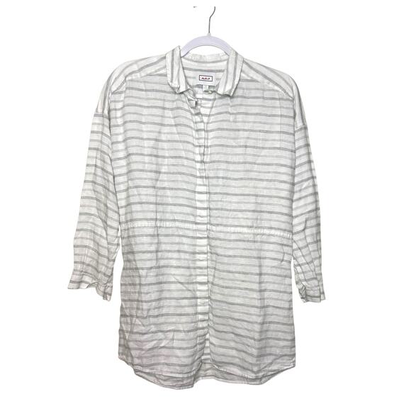 AYR 100% Linen Long Sleeve Tunic Shirt Women S White‎ Gray Striped Lagenlook - Picture 1 of 7
